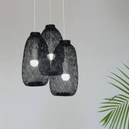 Triple Bamboo Pendant Light - Handwoven Black Fishing Trap Lamp - thumbnail 2
