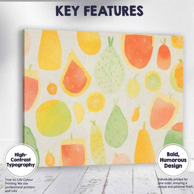 Pastel Watercolour Pear & Citrus Fruit Repeat Pattern Canvas Wall Art Print Decor Picture Ready To Hang - image 1