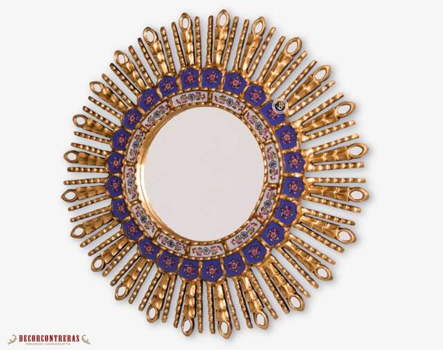 Peruvian Decorative Mirrors For Wall Decor - Handmade Sapphire-Blue - Gold Sunburst Mirror Home & Gifts Fireplace - image 1