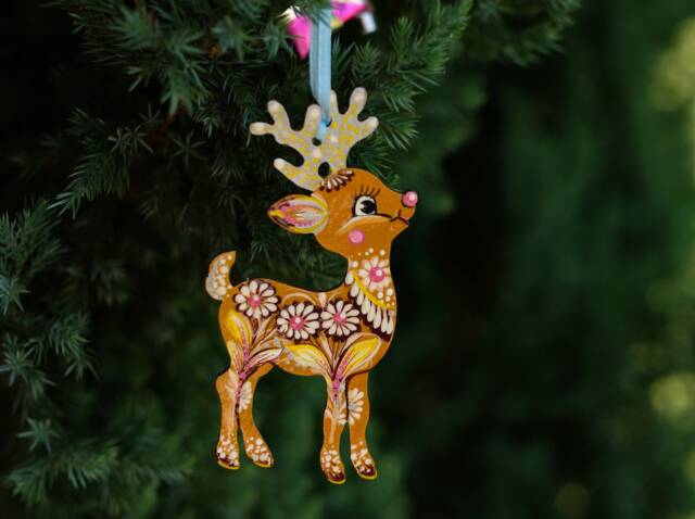 Deer Christmas Ornament, Ukrainian Decoration, Wooden Reindeer, Painted Silhouette Unique Animal Ornament - image 1