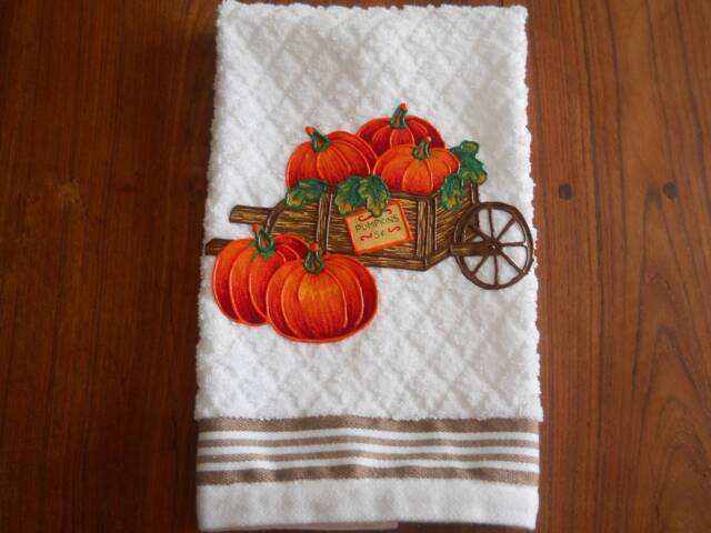 Appliqued Pumpkin Cart Hand Towel Thanksgiving Fall Decor - image 1