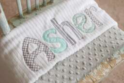 Monogrammed Baby Blanket in Mist, Grey Dot Minky & White Chenille, Personalized With Your Boy's First Name Grays Mint Greens - thumbnail 1