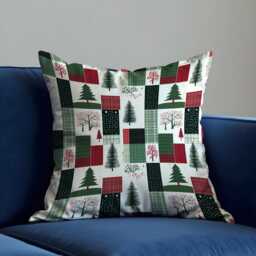Christmas Patchwork Cushion Cover, Red Green Plaid Throw Pillowcase With Trees & Winter Squares, Cozy Holiday Decor For Sofa Or Cabin