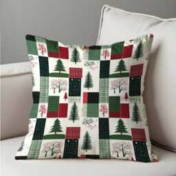 Christmas Patchwork Cushion Cover, Red Green Plaid Throw Pillowcase With Trees & Winter Squares, Cozy Holiday Decor For Sofa Or Cabin - thumbnail 4