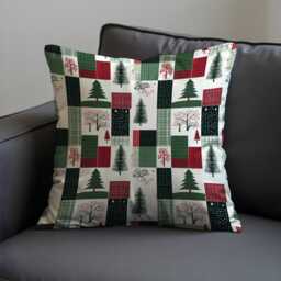 Christmas Patchwork Cushion Cover, Red Green Plaid Throw Pillowcase With Trees & Winter Squares, Cozy Holiday Decor For Sofa Or Cabin - thumbnail 3