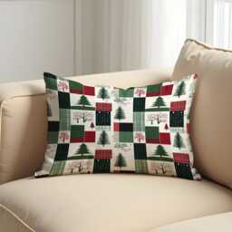 Christmas Patchwork Cushion Cover, Red Green Plaid Throw Pillowcase With Trees & Winter Squares, Cozy Holiday Decor For Sofa Or Cabin - thumbnail 2