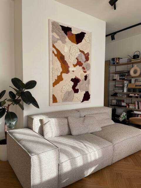 Sunny - Extra Large Fiber Art Tapestry Cream, Burgundy, & Yellow Woven Wall Hanging - image 1