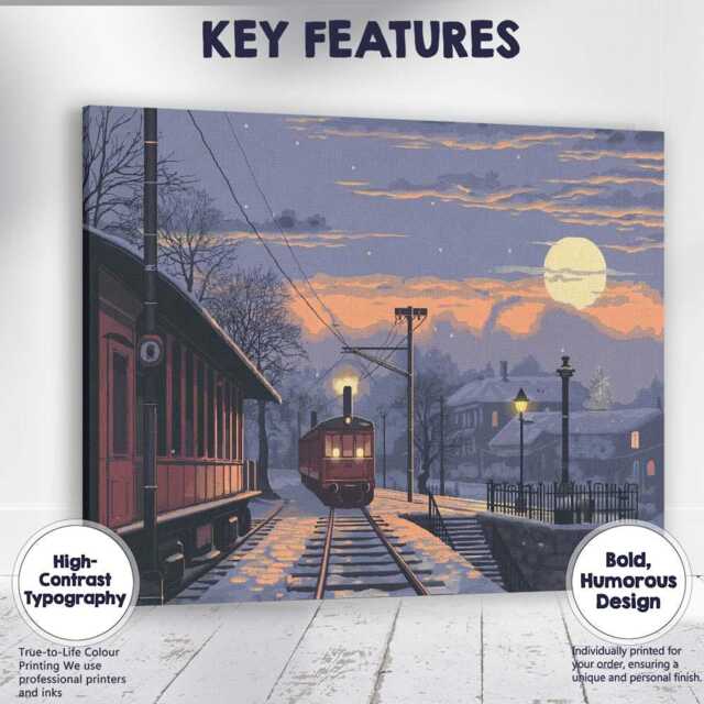 Snowy Village Railway Moonlight Winter Landscape Canvas Wall Art Print Decor Picture Ready To Hang - image 1