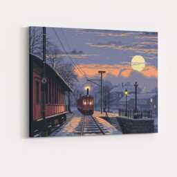 Snowy Village Railway Moonlight Winter Landscape Canvas Wall Art Print Decor Picture Ready To Hang - thumbnail 4
