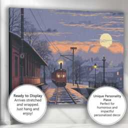 Snowy Village Railway Moonlight Winter Landscape Canvas Wall Art Print Decor Picture Ready To Hang - thumbnail 3