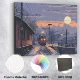 Snowy Village Railway Moonlight Winter Landscape Canvas Wall Art Print Decor Picture Ready To Hang - thumbnail 2