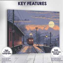Snowy Village Railway Moonlight Winter Landscape Canvas Wall Art Print Decor Picture Ready To Hang - thumbnail 1