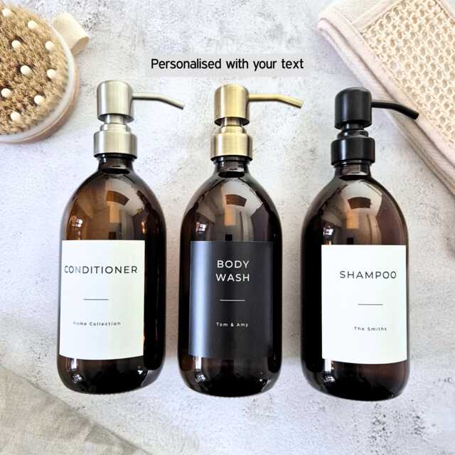 Personalised Amber Glass Soap Dispenser. Refillable Shampoo Bottle 300Ml 500Ml - image 1