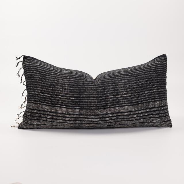 Woven Black Lumbar Pillow With White Stripes & Tassels, Ethnic Cotton Cushion - image 1