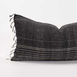 Woven Black Lumbar Pillow With White Stripes & Tassels, Ethnic Cotton Cushion - thumbnail 2