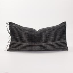 Woven Black Lumbar Pillow With White Stripes & Tassels, Ethnic Cotton Cushion