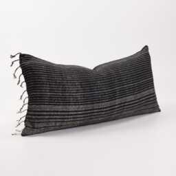Woven Black Lumbar Pillow With White Stripes & Tassels, Ethnic Cotton Cushion - thumbnail 3