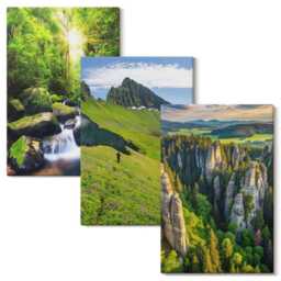 3 Piece Canvas Set - Green Mountain Landscapes With A Waterfall & Forest, Photo Print, Wall Decor - thumbnail 2