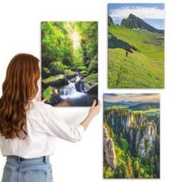 3 Piece Canvas Set - Green Mountain Landscapes With A Waterfall & Forest, Photo Print, Wall Decor - thumbnail 3