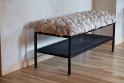 Woven Beige Velvet Bench - Metal Shoe Rack, Entryway Storage