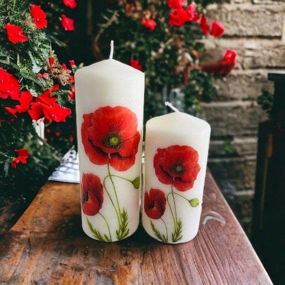 Set Of 2 Poppy Tall Pillar Candles, Themed Candle Gift Set, Mothers Day Home Decorations, Decorations - image 1