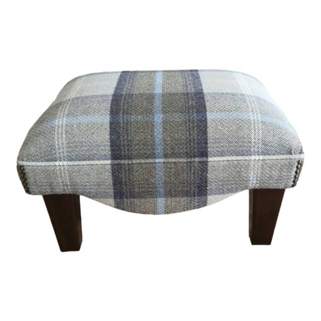 Footstool in Balmoral Oxford Blue Tartan Fabric On Mahogany Solid Wood Legs