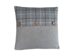 Bamburgh Grey Tartan Plaid Throw Pillow Cover With Coconut Buttons - thumbnail 1