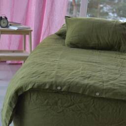 Duvet Cover Set & Pillow With Envelope Closures Green Khaki Color Stone Washed Seamless Full King Quilt Linen Duvet Cover Full - thumbnail 2