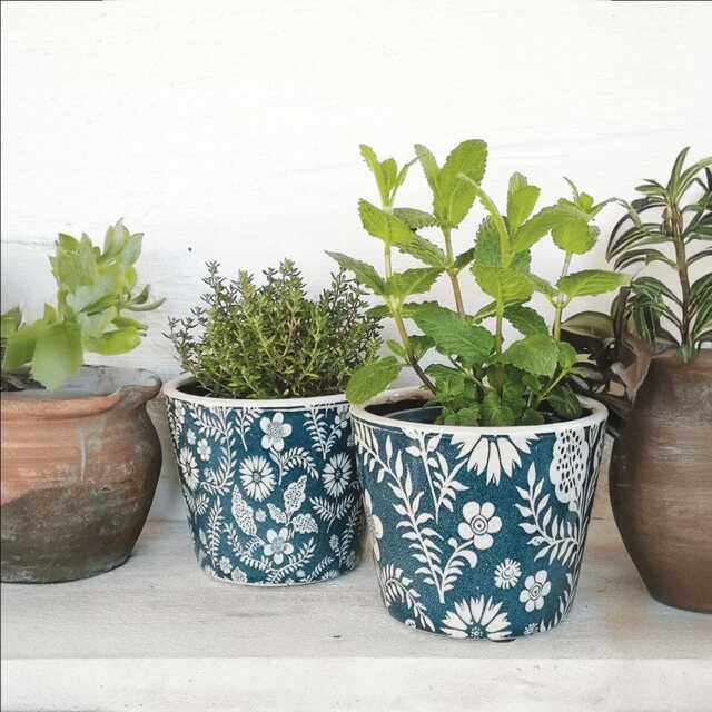 Teal Floral Dutch Pot - 2 Designs Crackle Glaze Plant Blue Rustic Cover Succulent Planter House - image 1