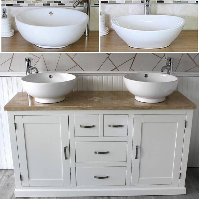 White Painted Bathroom Double Vanity Unit Cabinet Travertine Ceramic Basin Set 603Pttcbc - image 1