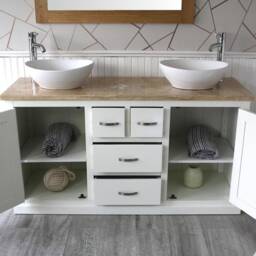 White Painted Bathroom Double Vanity Unit Cabinet Travertine Ceramic Basin Set 603Pttcbc - thumbnail 3