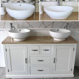 White Painted Bathroom Double Vanity Unit Cabinet Travertine Ceramic Basin Set 603Pttcbc - thumbnail 1