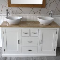 White Painted Bathroom Double Vanity Unit Cabinet Travertine Ceramic Basin Set 603Pttcbc - thumbnail 2