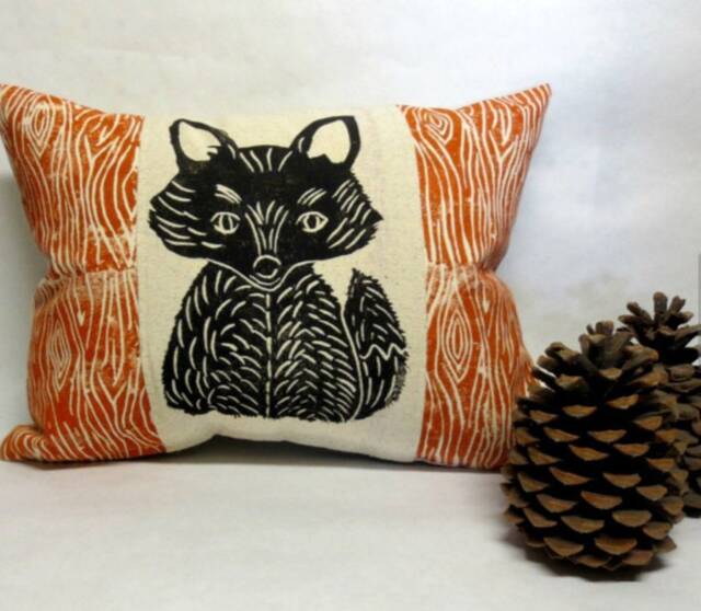 Woodland Fox Pillow Hand Carved Print, Rustic Cabin Decor - image 1