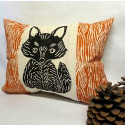 Woodland Fox Pillow Hand Carved Print, Rustic Cabin Decor - thumbnail 3
