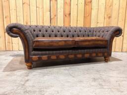 3 Seater Tan Tweed Chesterfield Sofa, Leather Details, British Handmade - thumbnail 1