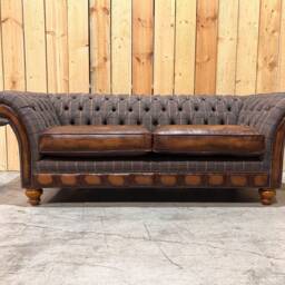 3 Seater Tan Tweed Chesterfield Sofa, Leather Details, British Handmade - thumbnail 2