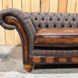 3 Seater Tan Tweed Chesterfield Sofa, Leather Details, British Handmade - thumbnail 4