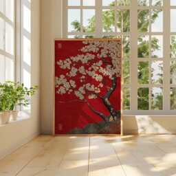 Red Japanese Cherry Blossom Print, Sakura Floral Wall Art, Gold Dust Abstract Flower Print - thumbnail 4