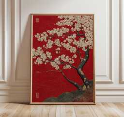Red Japanese Cherry Blossom Print, Sakura Floral Wall Art, Gold Dust Abstract Flower Print