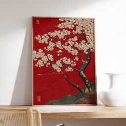 Red Japanese Cherry Blossom Print, Sakura Floral Wall Art, Gold Dust Abstract Flower Print - thumbnail 2