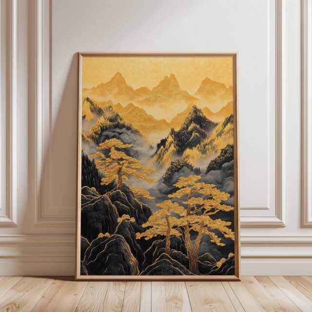 Japanese Gold Mountain Poster Black Asian Landscape Wall Art Pine Trees Nature Print Vertical Decor, Ink Style - image 1
