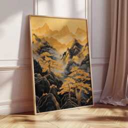 Japanese Gold Mountain Poster Black Asian Landscape Wall Art Pine Trees Nature Print Vertical Decor, Ink Style - thumbnail 4