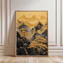 Japanese Gold Mountain Poster Black Asian Landscape Wall Art Pine Trees Nature Print Vertical Decor, Ink Style