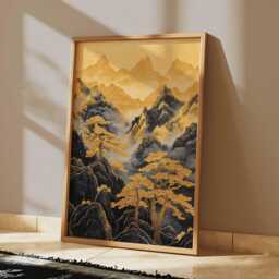 Japanese Gold Mountain Poster Black Asian Landscape Wall Art Pine Trees Nature Print Vertical Decor, Ink Style - thumbnail 2