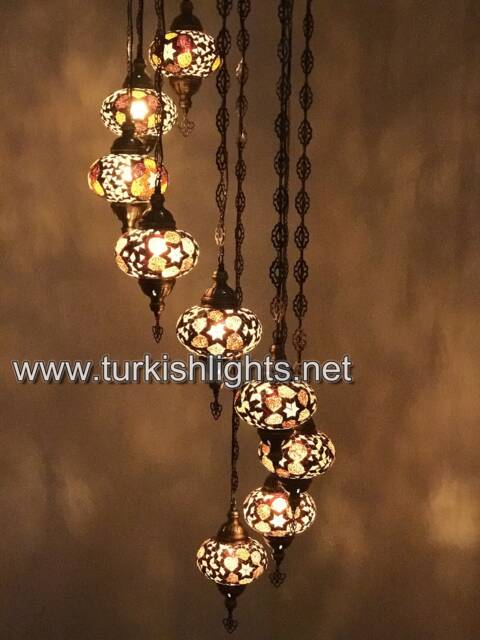 9 Ball Turkish Mosaic Chandelier, Large Brown Globes - image 1