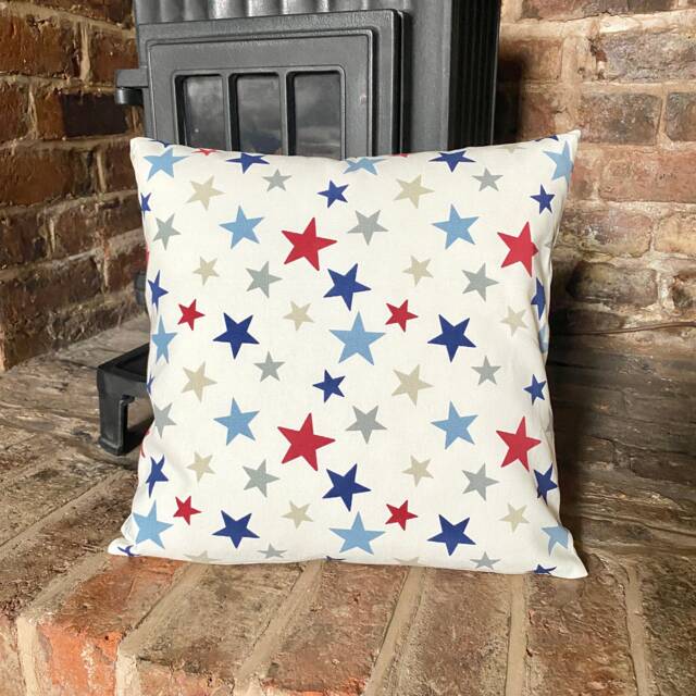 1124. Handmade Blue Red Stars 100% Cotton Cushion Cover, 16x16 - image 1
