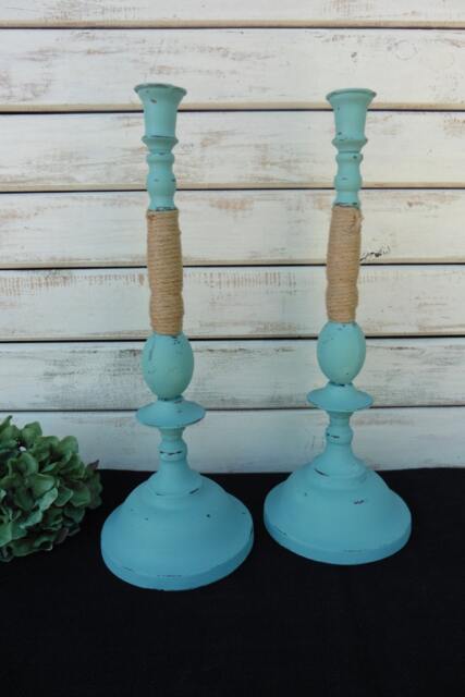 Set Of 2 Hand Painted Metal Candle Sticks Aqua/Turquoise With Jute ~ Candlesticks Holder Shabby Chic Distressed Home Decor - image 1