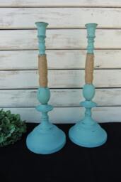 Set Of 2 Hand Painted Metal Candle Sticks Aqua/Turquoise With Jute ~ Candlesticks Holder Shabby Chic Distressed Home Decor