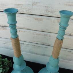 Set Of 2 Hand Painted Metal Candle Sticks Aqua/Turquoise With Jute ~ Candlesticks Holder Shabby Chic Distressed Home Decor - thumbnail 3
